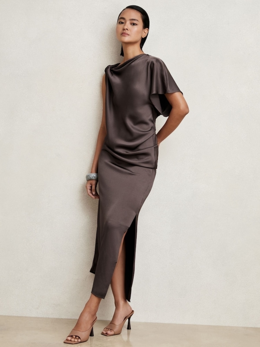 Reiss - Kenzie Drape Midi Dress - One-Shoulder Satin in Taupe